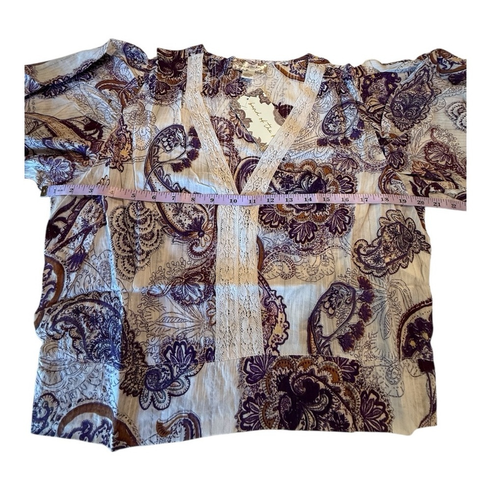 B.O.G Cream Purple Full Sleeve Lace Trim V-Neckline Smocked Back Waist Top NEW - Picture 8 of 16